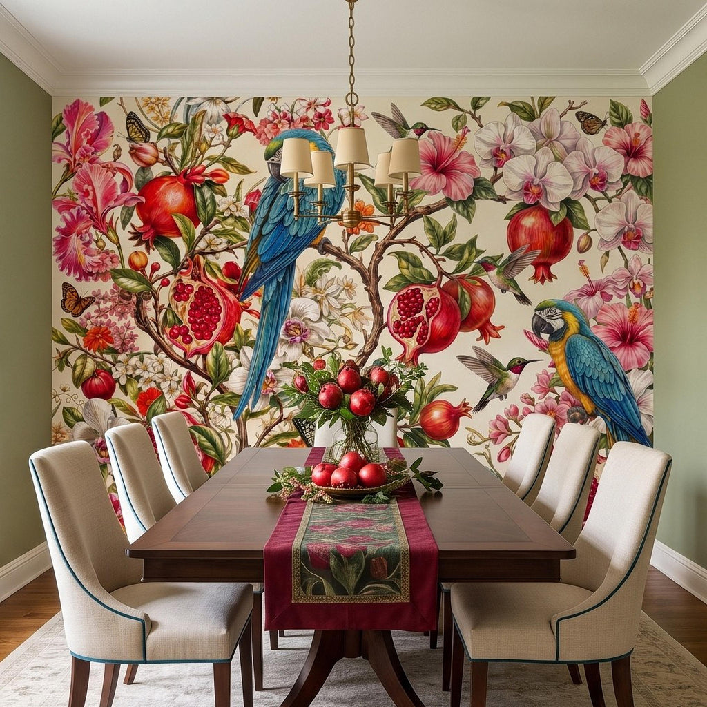 Blue Macaw Peel and Stick Wall Mural, Pomegranate Orchids Hibiscus Hummingbirds Botanical Floral Tropical Garden Wallpaper