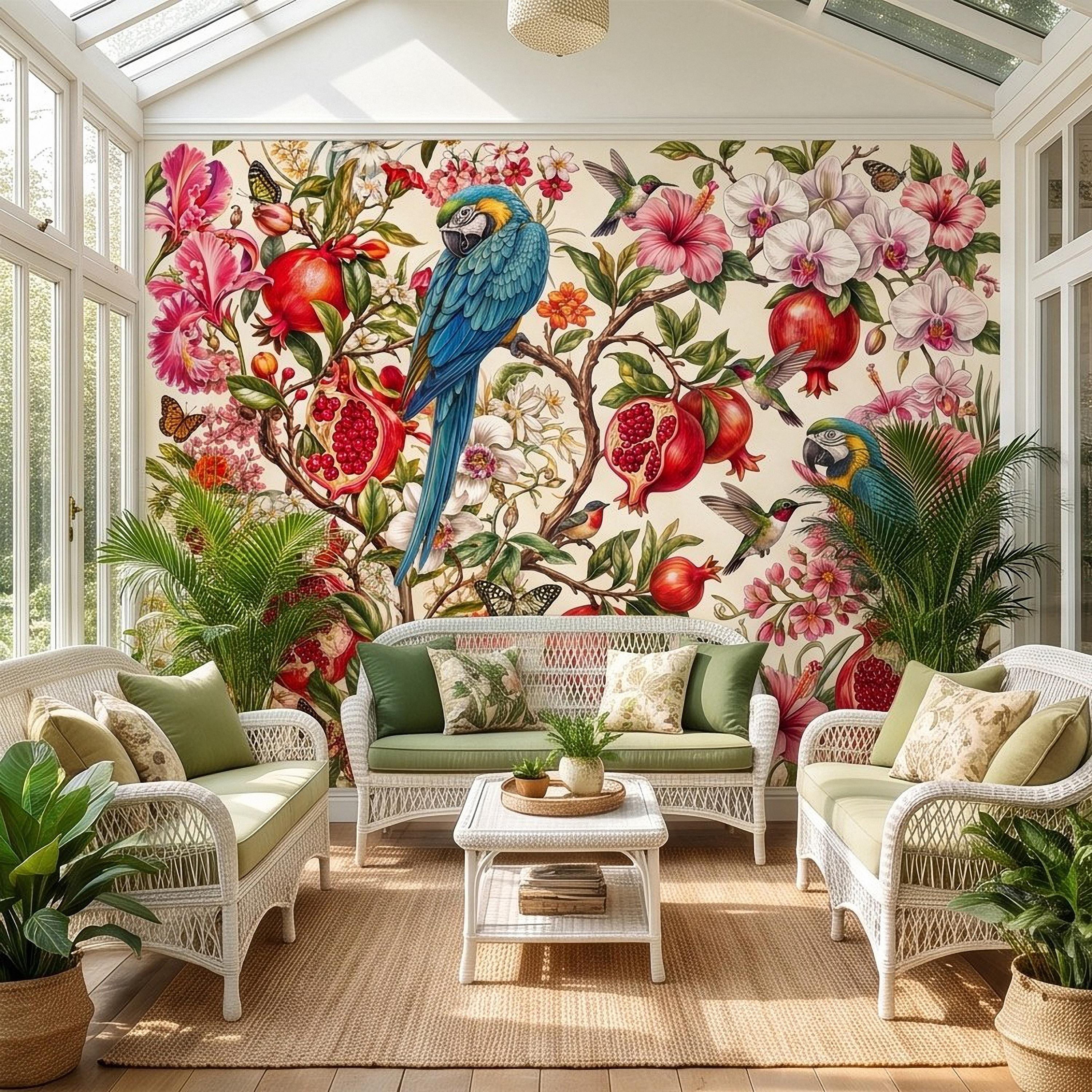 Blue Macaw Peel and Stick Wall Mural, Pomegranate Orchids Hibiscus Hummingbirds Botanical Floral Tropical Garden Wallpaper