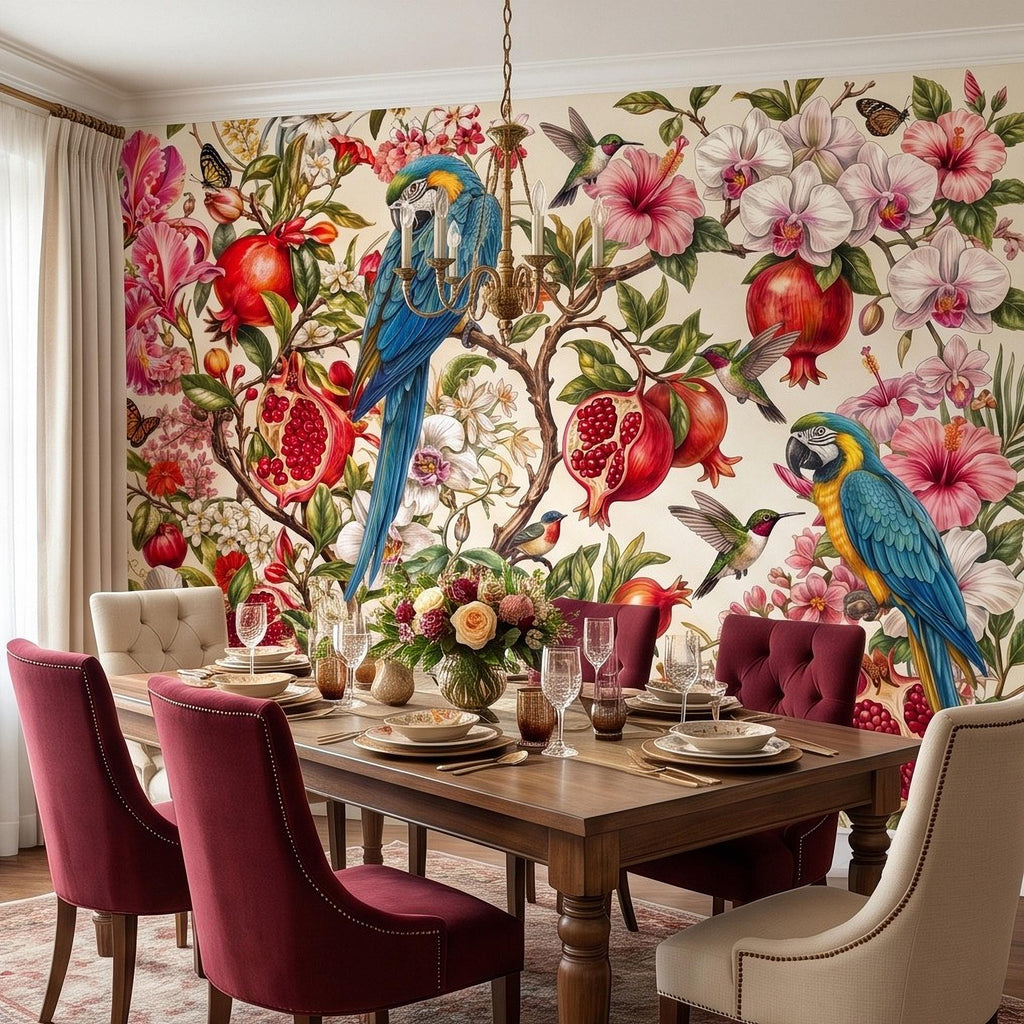 Blue Macaw Peel and Stick Wall Mural, Pomegranate Orchids Hibiscus Hummingbirds Botanical Floral Tropical Garden Wallpaper