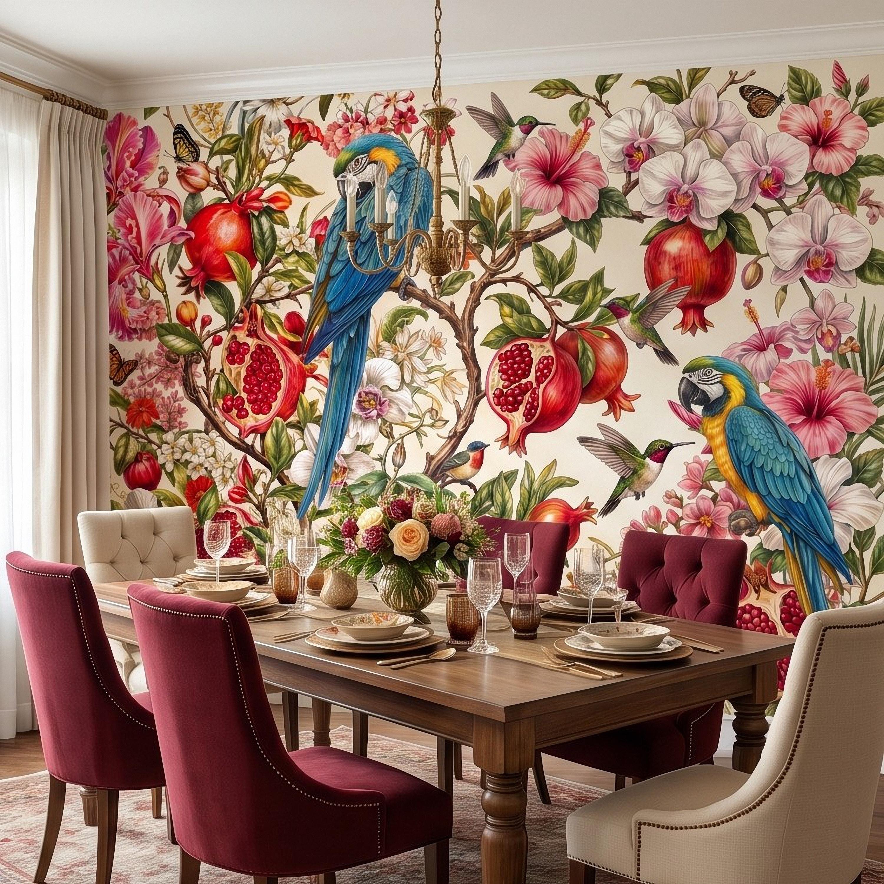Blue Macaw Peel and Stick Wall Mural, Pomegranate Orchids Hibiscus Hummingbirds Botanical Floral Tropical Garden Wallpaper