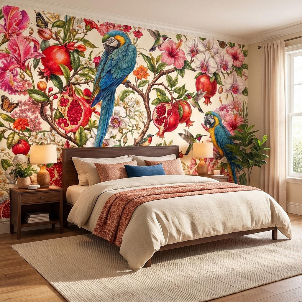 Blue Macaw Peel and Stick Wall Mural, Pomegranate Orchids Hibiscus Hummingbirds Botanical Floral Tropical Garden Wallpaper