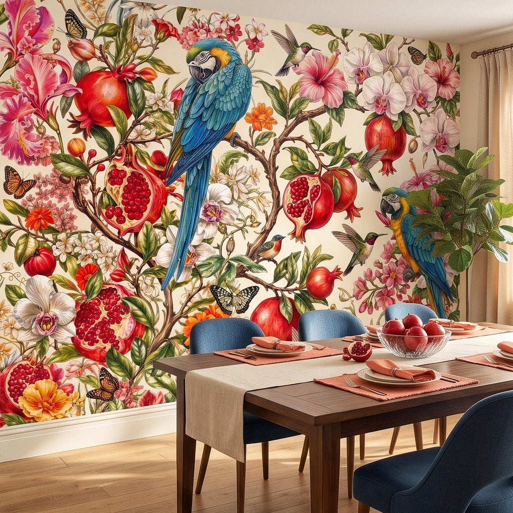 Blue Macaw Peel and Stick Wall Mural, Pomegranate Orchids Hibiscus Hummingbirds Botanical Floral Tropical Garden Wallpaper