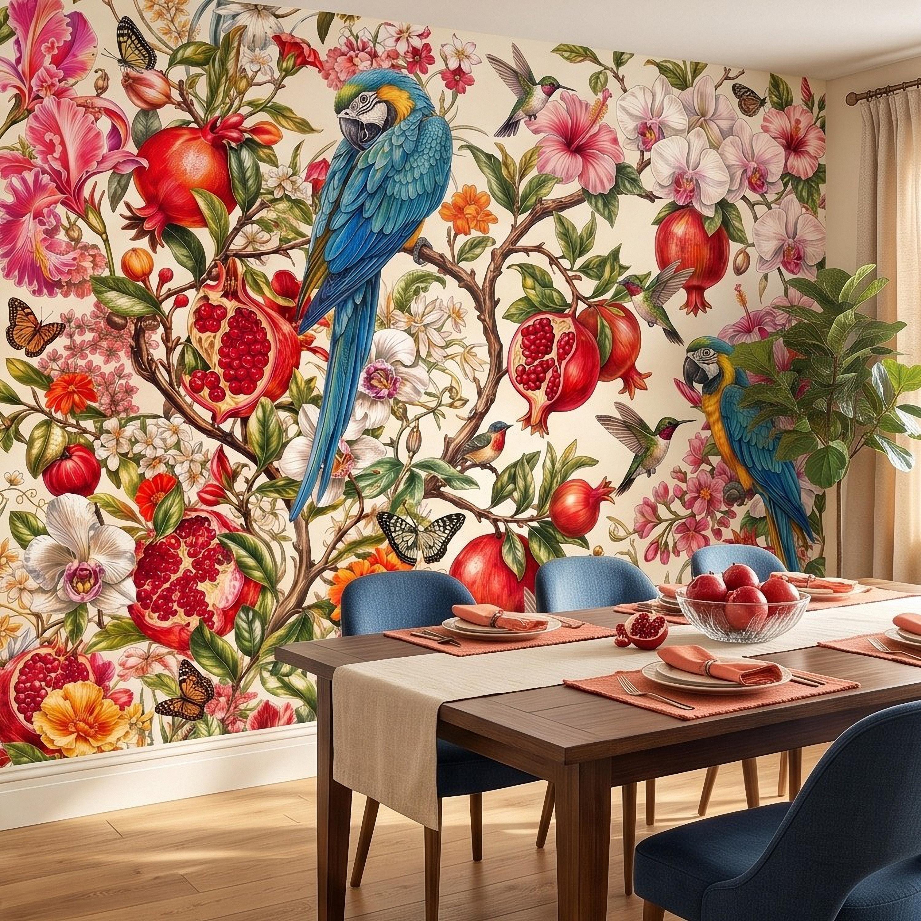 Blue Macaw Peel and Stick Wall Mural, Pomegranate Orchids Hibiscus Hummingbirds Botanical Floral Tropical Garden Wallpaper