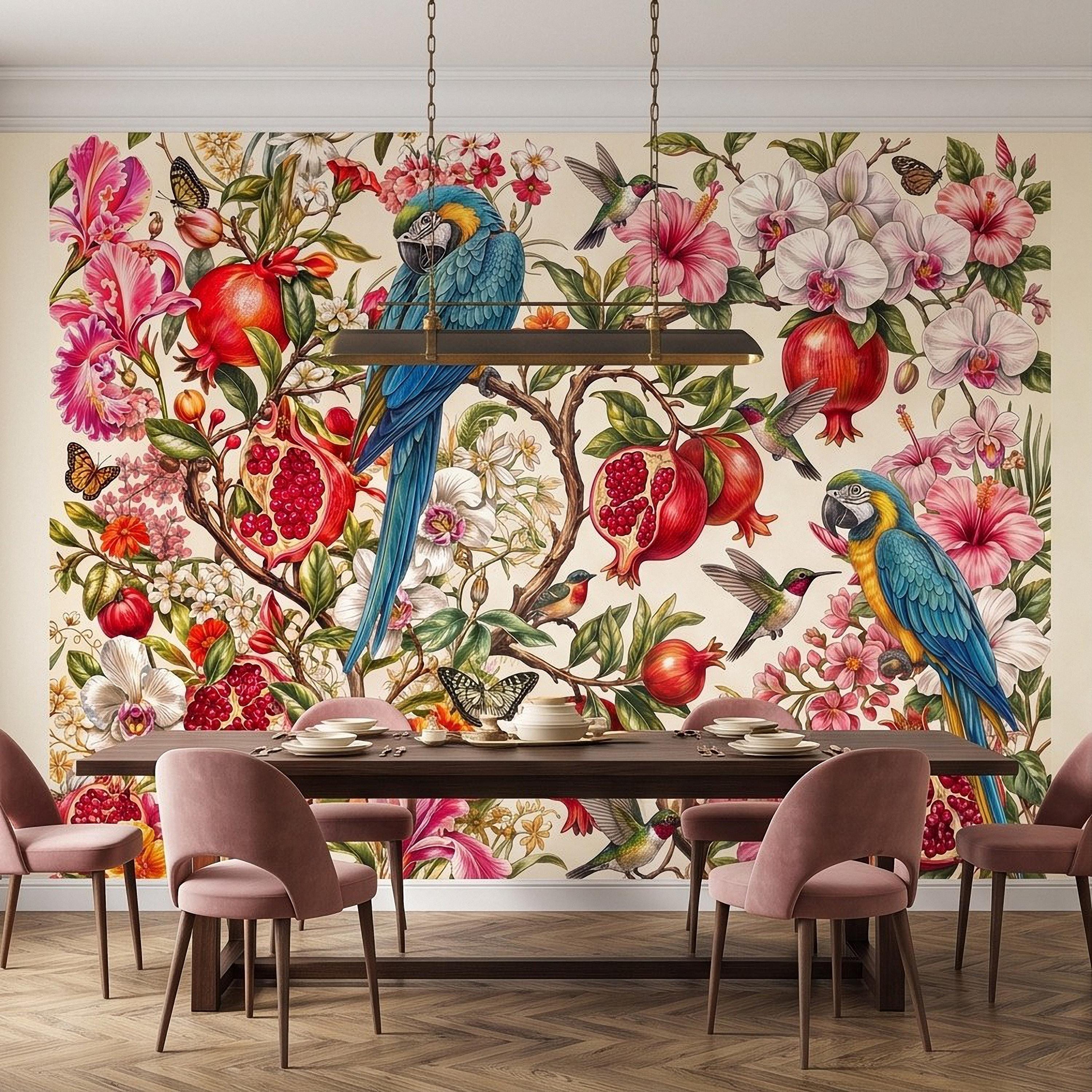 Blue Macaw Peel and Stick Wall Mural, Pomegranate Orchids Hibiscus Hummingbirds Botanical Floral Tropical Garden Wallpaper