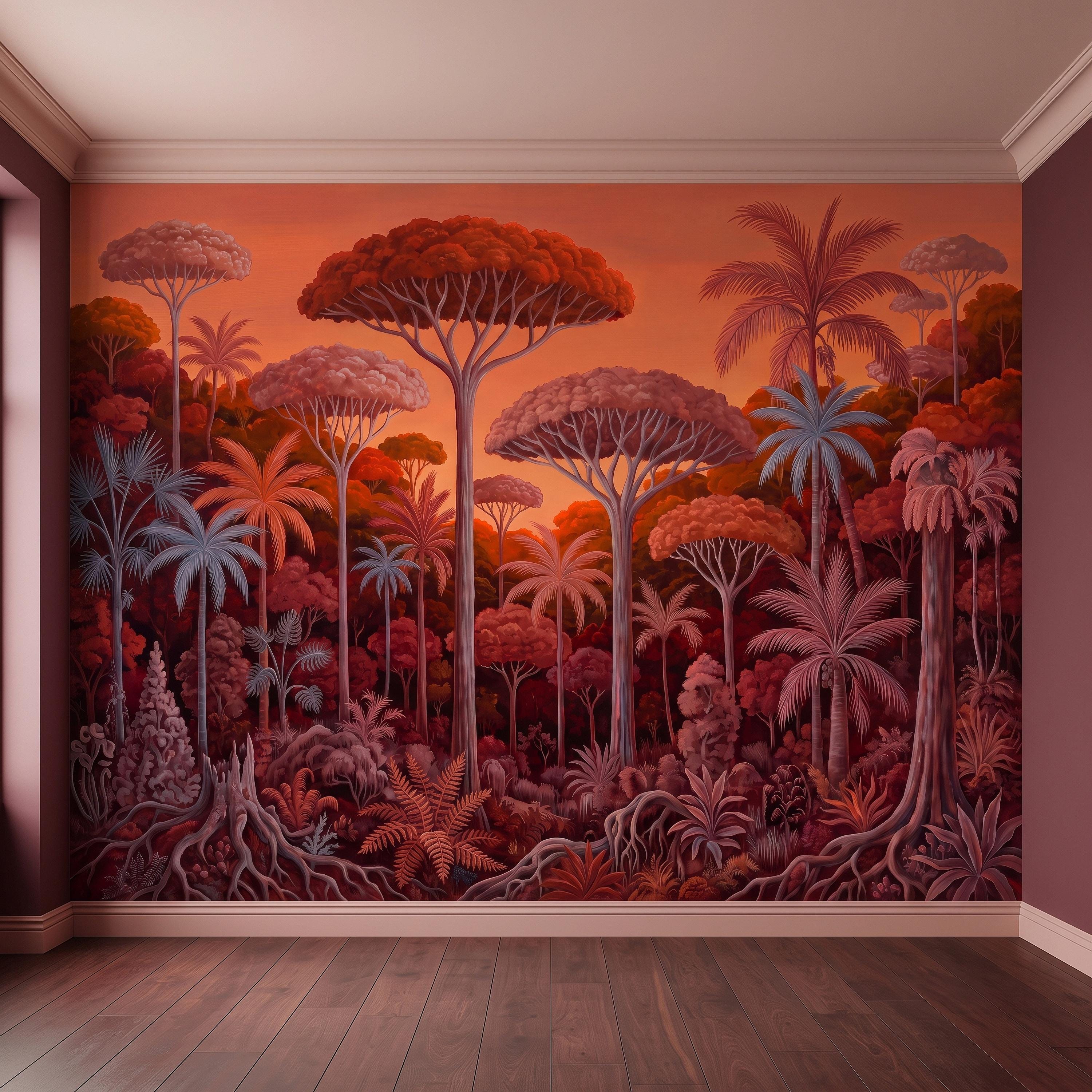 Tropical Jungle Peel and Stick Wall Mural, Burnt Orange Red Exotic Forest Palm Trees Moody Botanical Landscape Vintage Painting Wallpaper