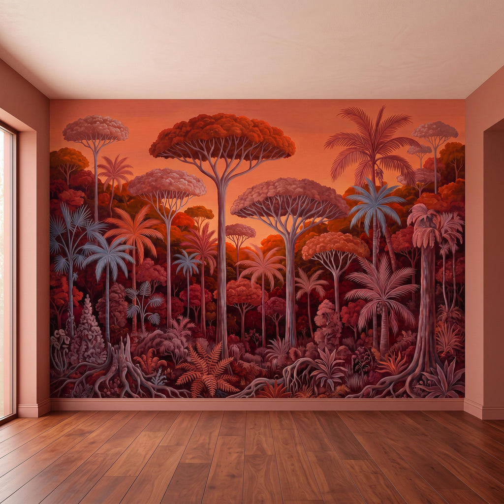 Tropical Jungle Peel and Stick Wall Mural, Burnt Orange Red Exotic Forest Palm Trees Moody Botanical Landscape Vintage Painting Wallpaper