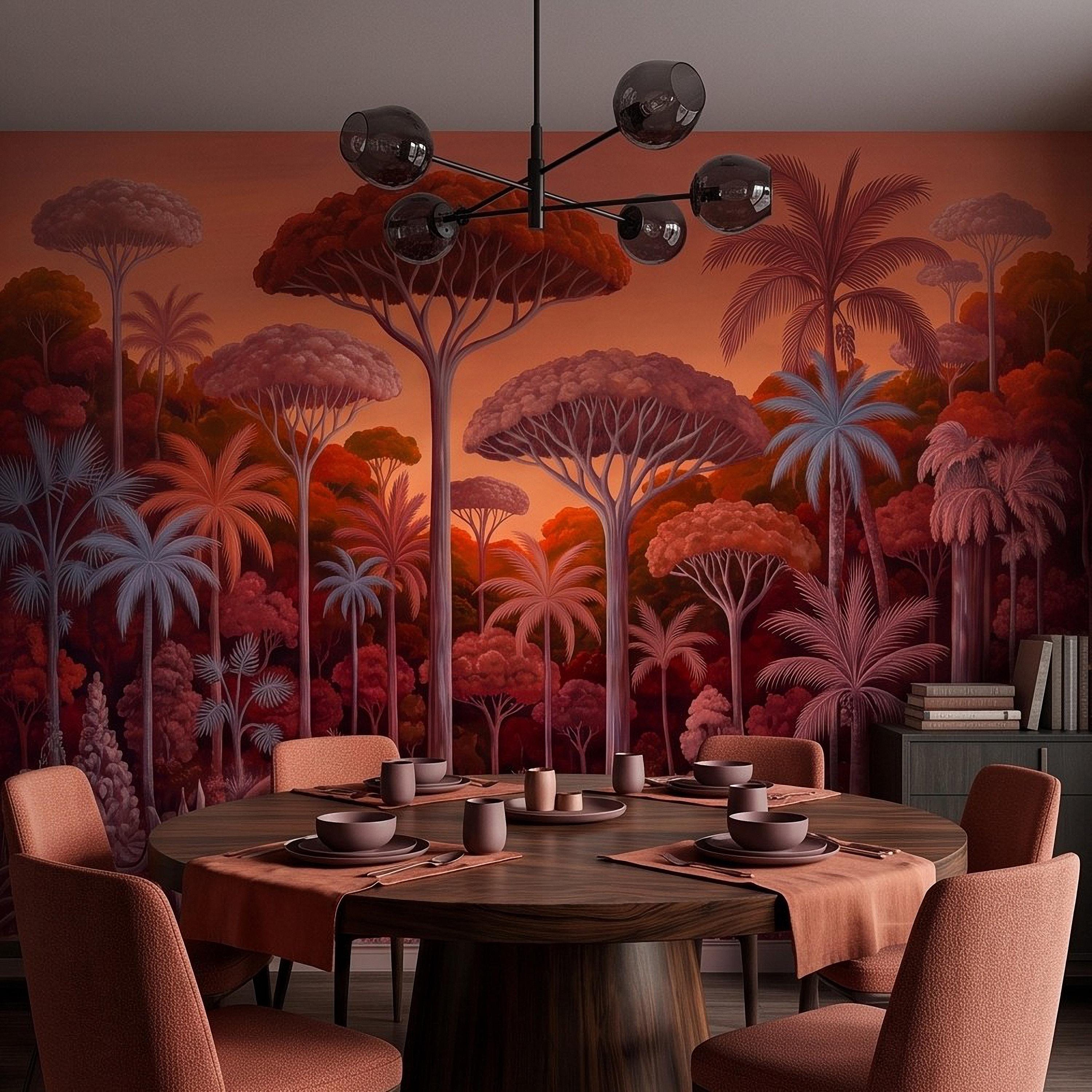 Tropical Jungle Peel and Stick Wall Mural, Burnt Orange Red Exotic Forest Palm Trees Moody Botanical Landscape Vintage Painting Wallpaper