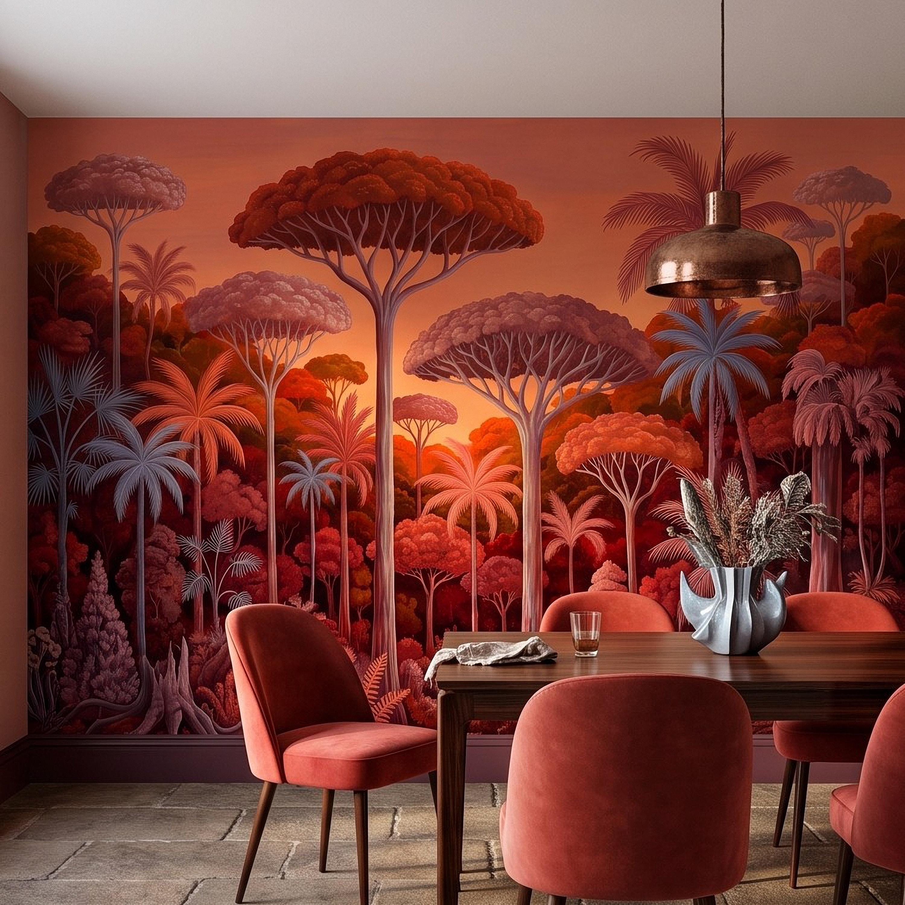 Tropical Jungle Peel and Stick Wall Mural, Burnt Orange Red Exotic Forest Palm Trees Moody Botanical Landscape Vintage Painting Wallpaper