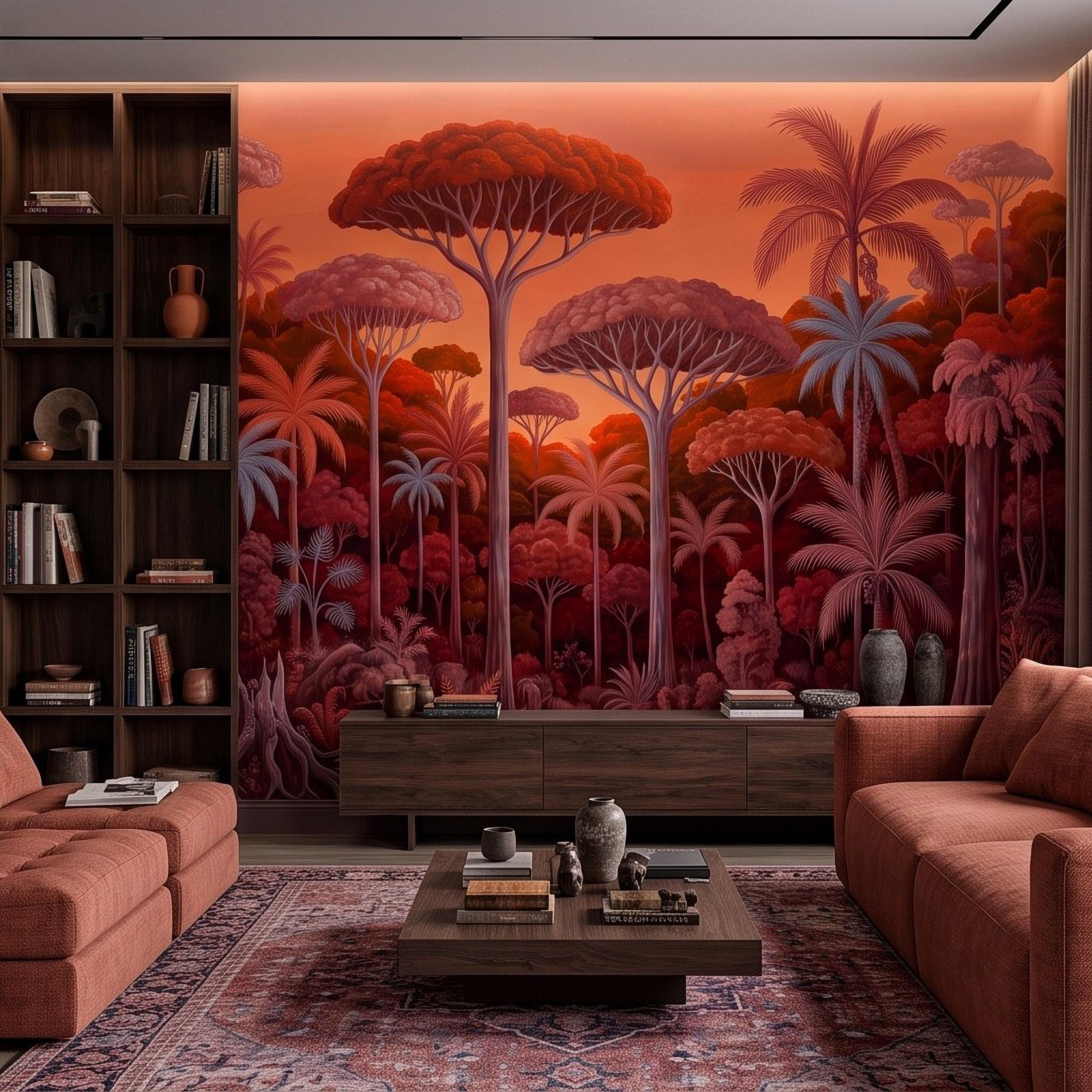 Tropical Jungle Peel and Stick Wall Mural, Burnt Orange Red Exotic Forest Palm Trees Moody Botanical Landscape Vintage Painting Wallpaper