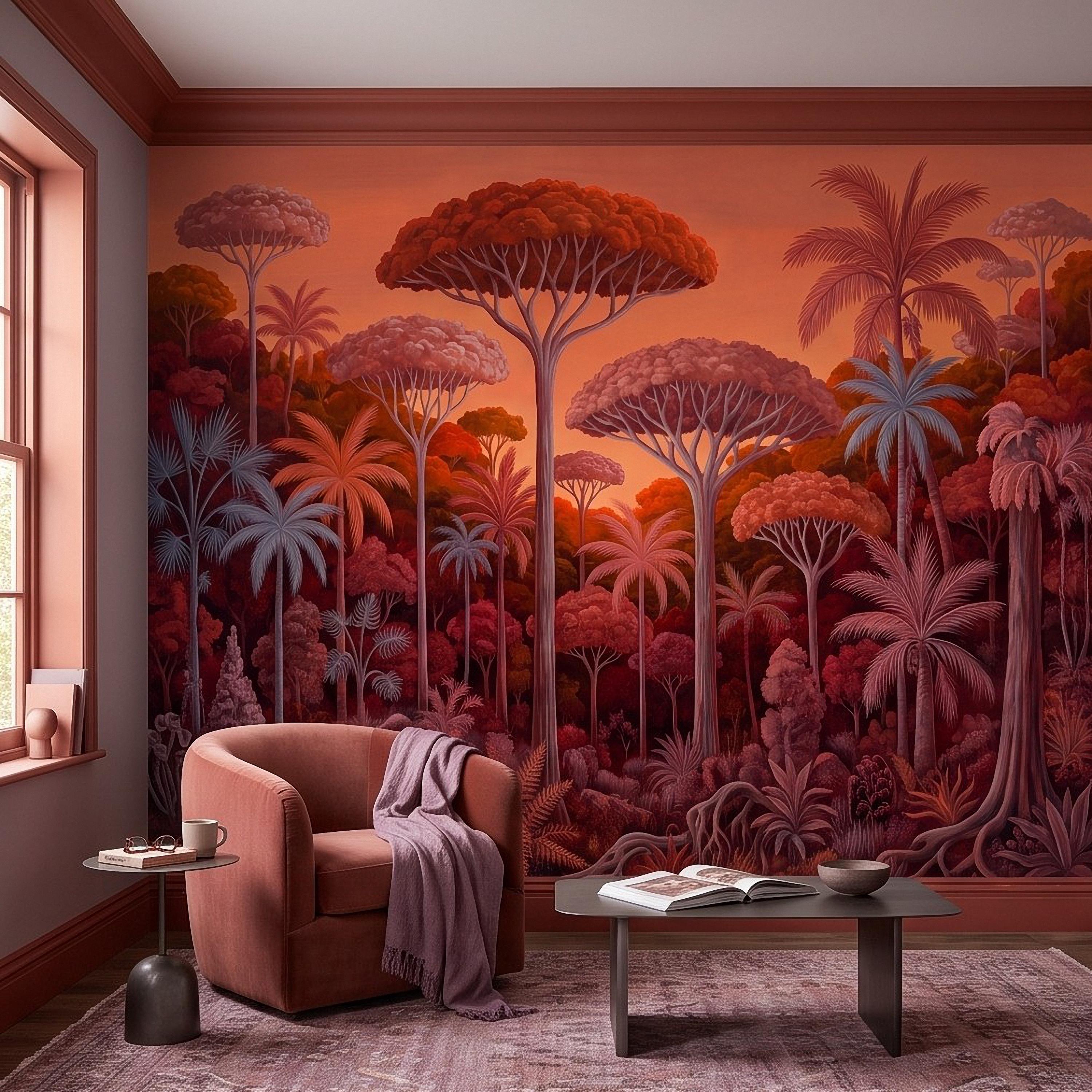 Tropical Jungle Peel and Stick Wall Mural, Burnt Orange Red Exotic Forest Palm Trees Moody Botanical Landscape Vintage Painting Wallpaper