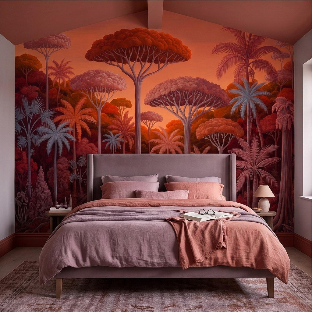Tropical Jungle Peel and Stick Wall Mural, Burnt Orange Red Exotic Forest Palm Trees Moody Botanical Landscape Vintage Painting Wallpaper