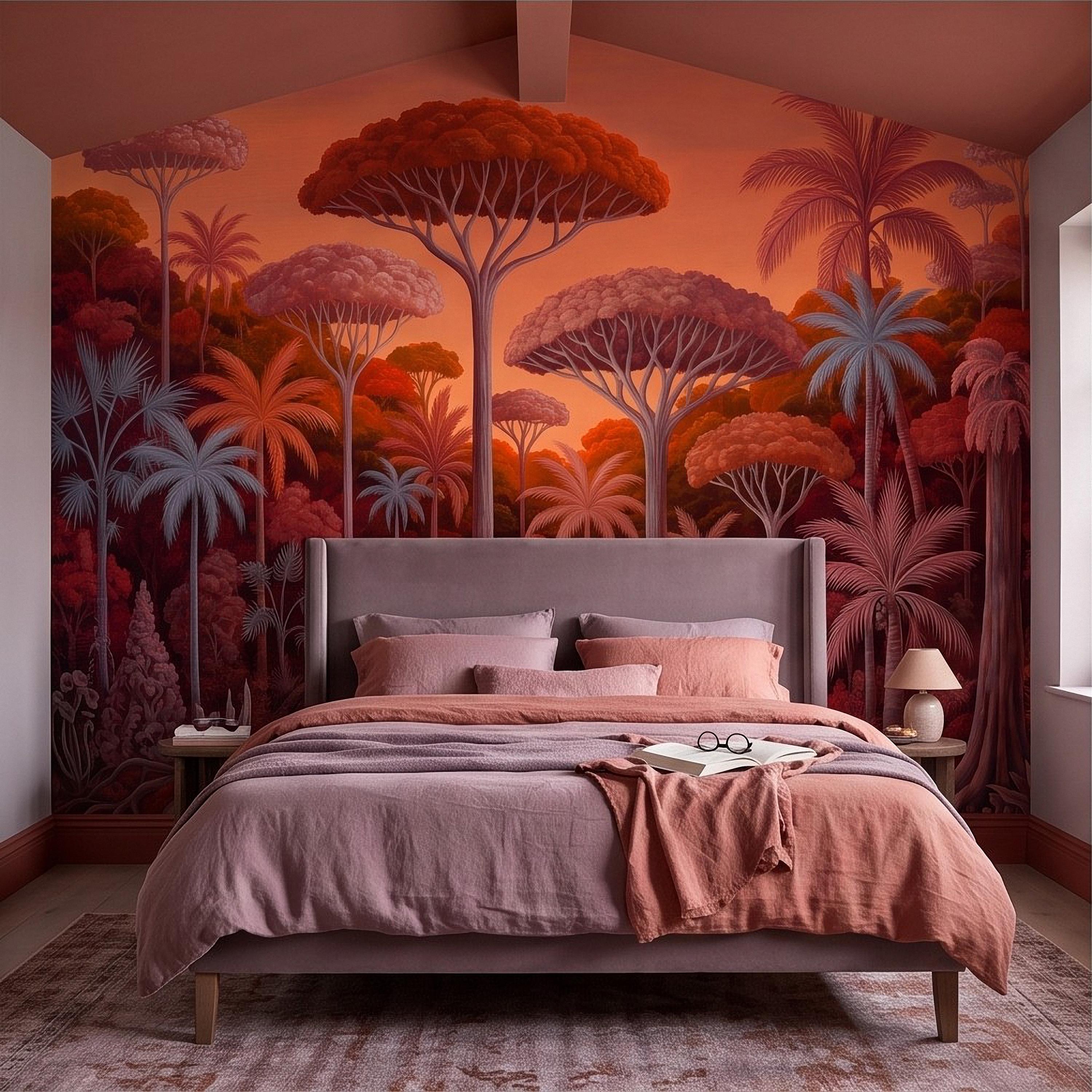 Tropical Jungle Peel and Stick Wall Mural, Burnt Orange Red Exotic Forest Palm Trees Moody Botanical Landscape Vintage Painting Wallpaper