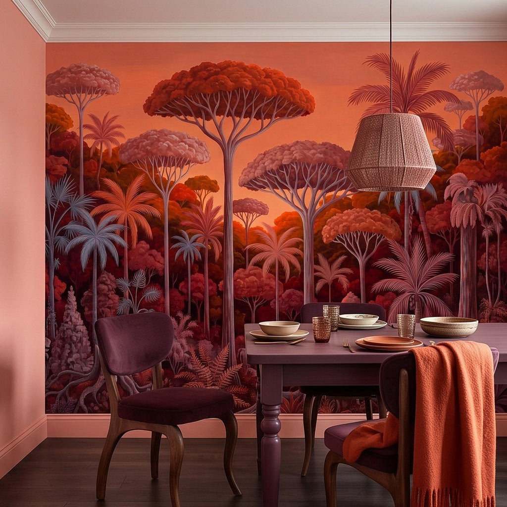 Tropical Jungle Peel and Stick Wall Mural, Burnt Orange Red Exotic Forest Palm Trees Moody Botanical Landscape Vintage Painting Wallpaper