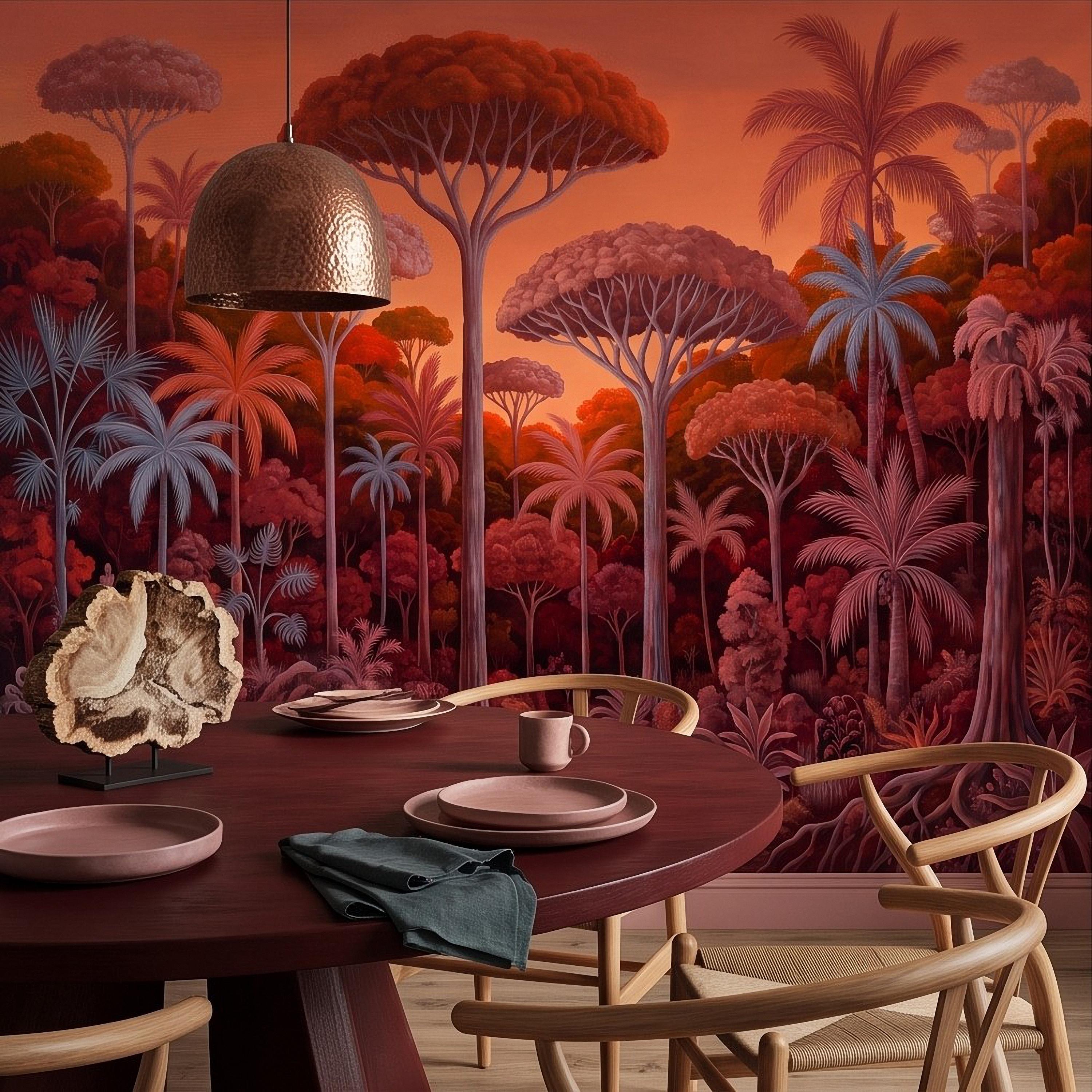 Tropical Jungle Peel and Stick Wall Mural, Burnt Orange Red Exotic Forest Palm Trees Moody Botanical Landscape Vintage Painting Wallpaper