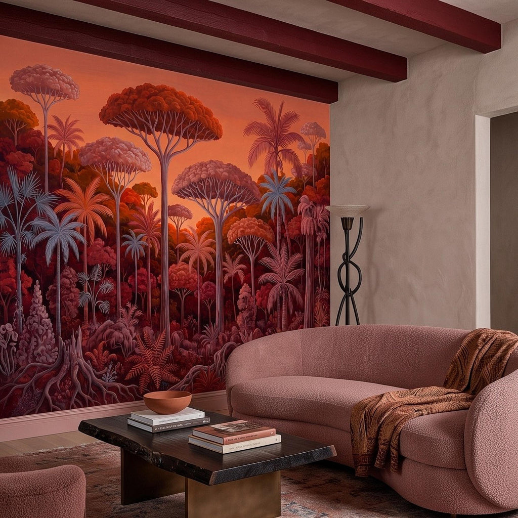 Tropical Jungle Peel and Stick Wall Mural, Burnt Orange Red Exotic Forest Palm Trees Moody Botanical Landscape Vintage Painting Wallpaper