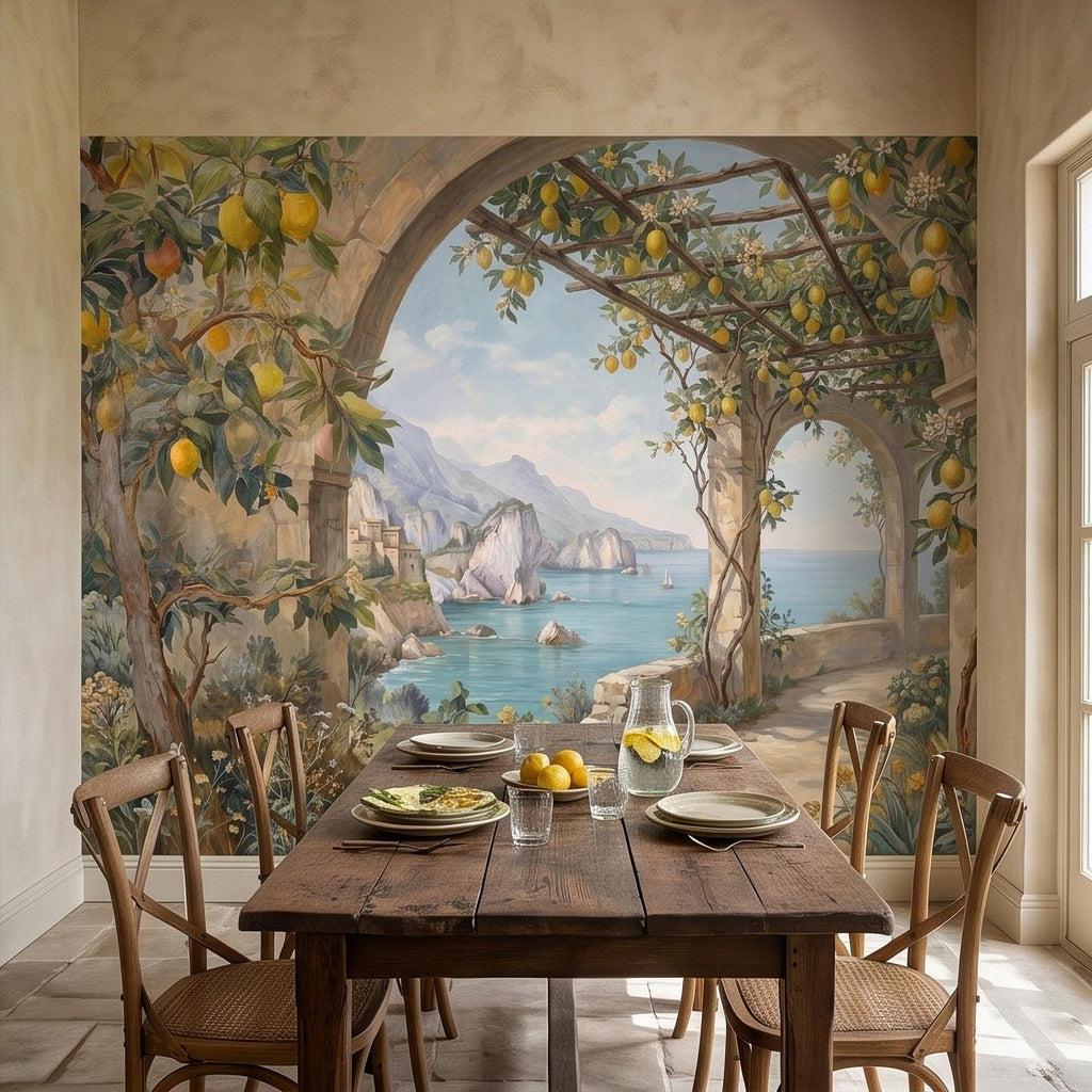 Italian Lemon Grove Peel and Stick Wall Mural, Amalfi Coast Mediterranean Sea Garden Arches Vintage Coastal Landscape Painting Wallpaper