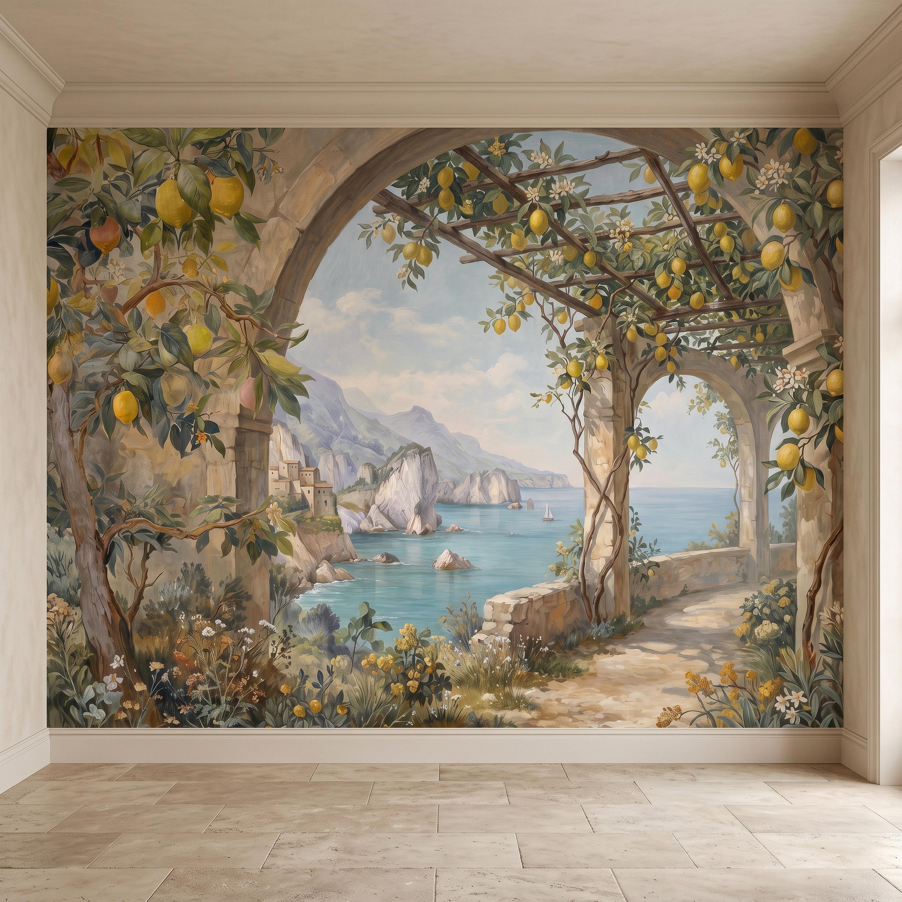 Italian Lemon Grove Peel and Stick Wall Mural, Amalfi Coast Mediterranean Sea Garden Arches Vintage Coastal Landscape Painting Wallpaper