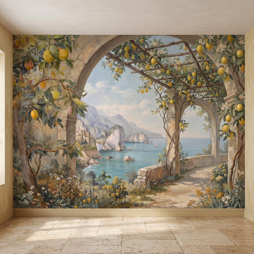 Italian Lemon Grove Peel and Stick Wall Mural, Amalfi Coast Mediterranean Sea Garden Arches Vintage Coastal Landscape Painting Wallpaper