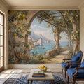 Italian Lemon Grove Peel and Stick Wall Mural, Amalfi Coast Mediterranean Sea Garden Arches Vintage Coastal Landscape Painting Wallpaper