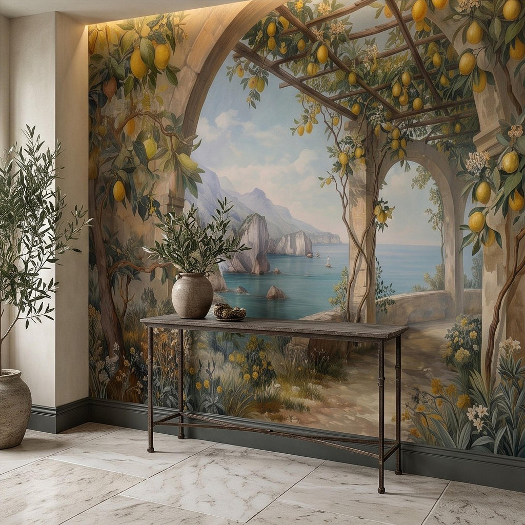 Italian Lemon Grove Peel and Stick Wall Mural, Amalfi Coast Mediterranean Sea Garden Arches Vintage Coastal Landscape Painting Wallpaper