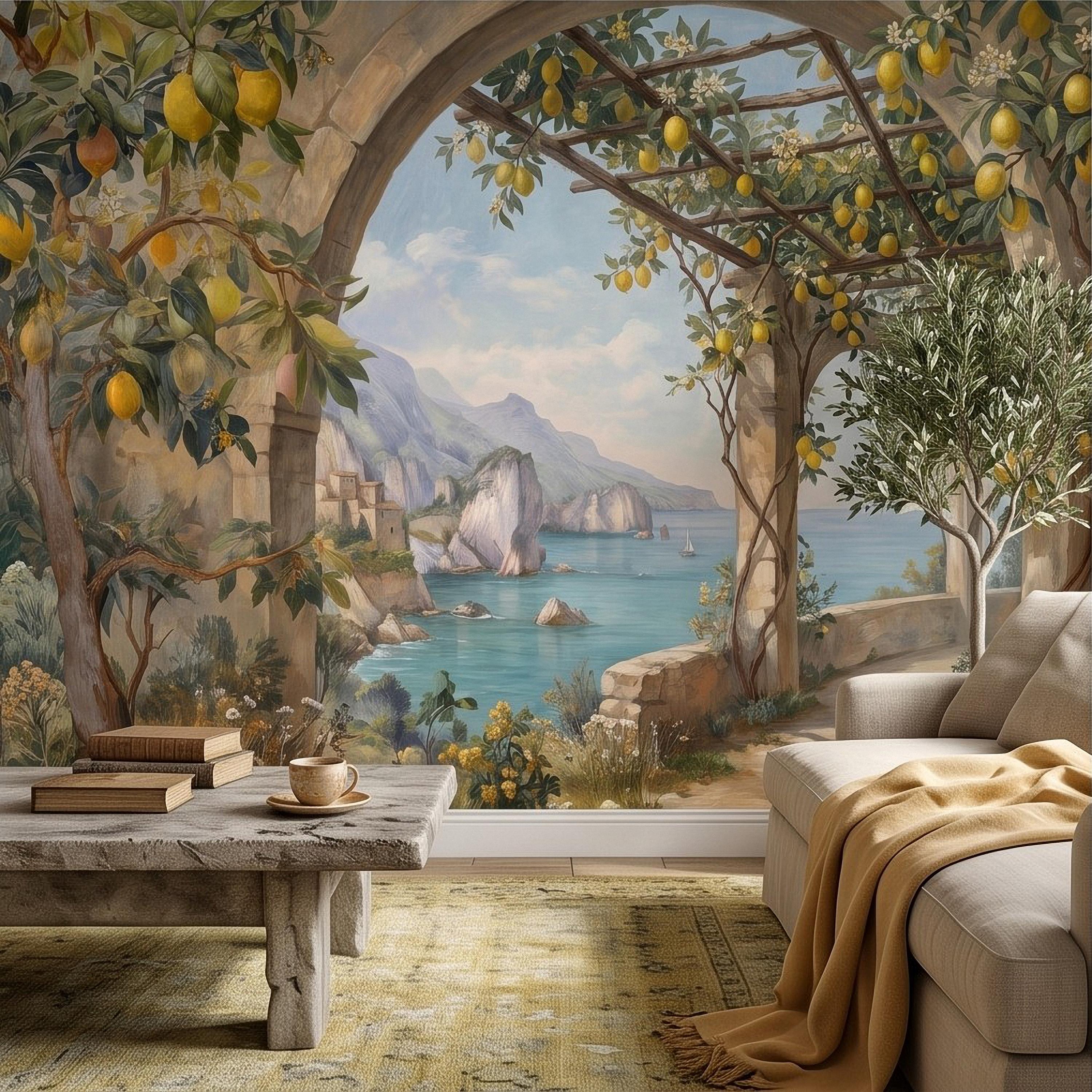 Italian Lemon Grove Peel and Stick Wall Mural, Amalfi Coast Mediterranean Sea Garden Arches Vintage Coastal Landscape Painting Wallpaper