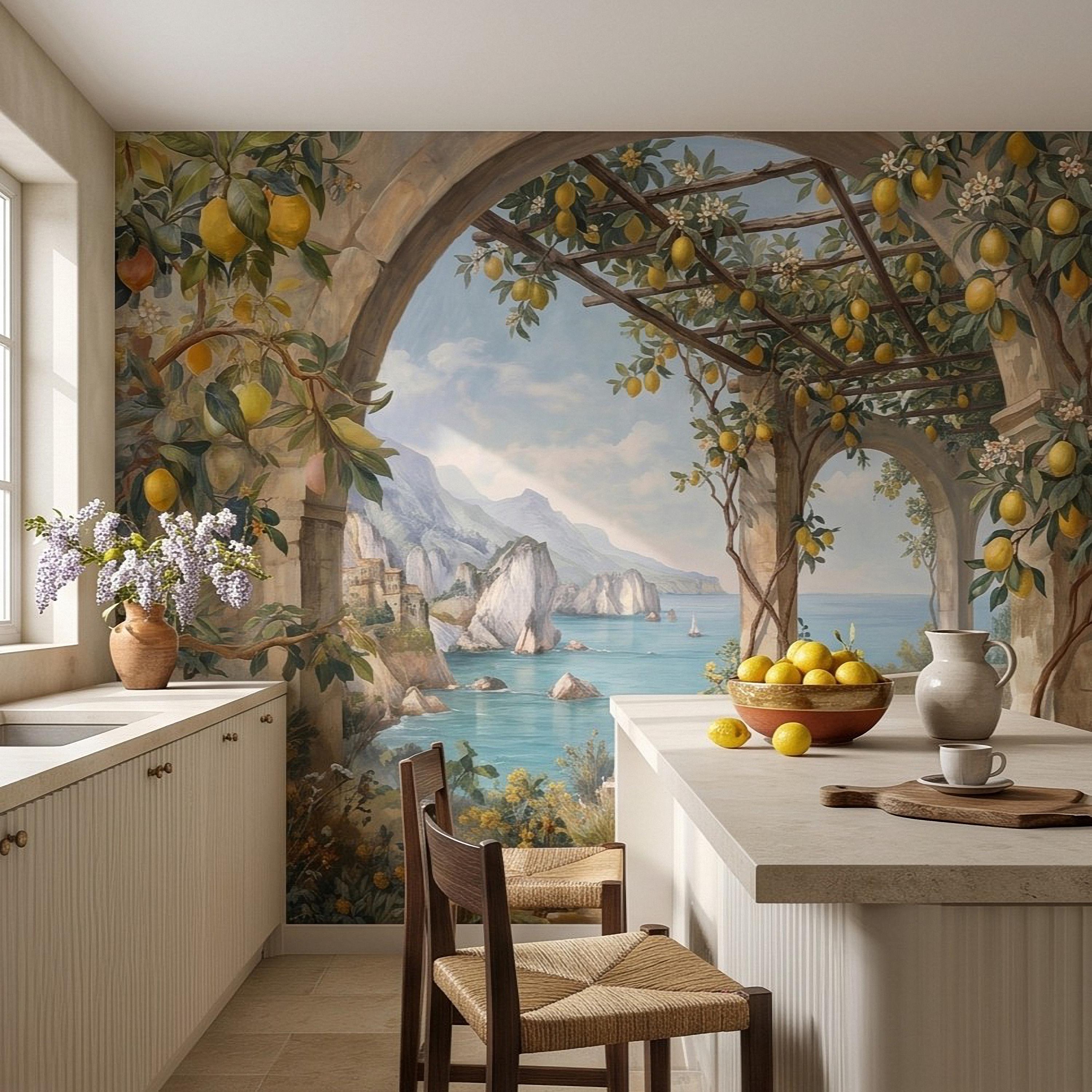 Italian Lemon Grove Peel and Stick Wall Mural, Amalfi Coast Mediterranean Sea Garden Arches Vintage Coastal Landscape Painting Wallpaper
