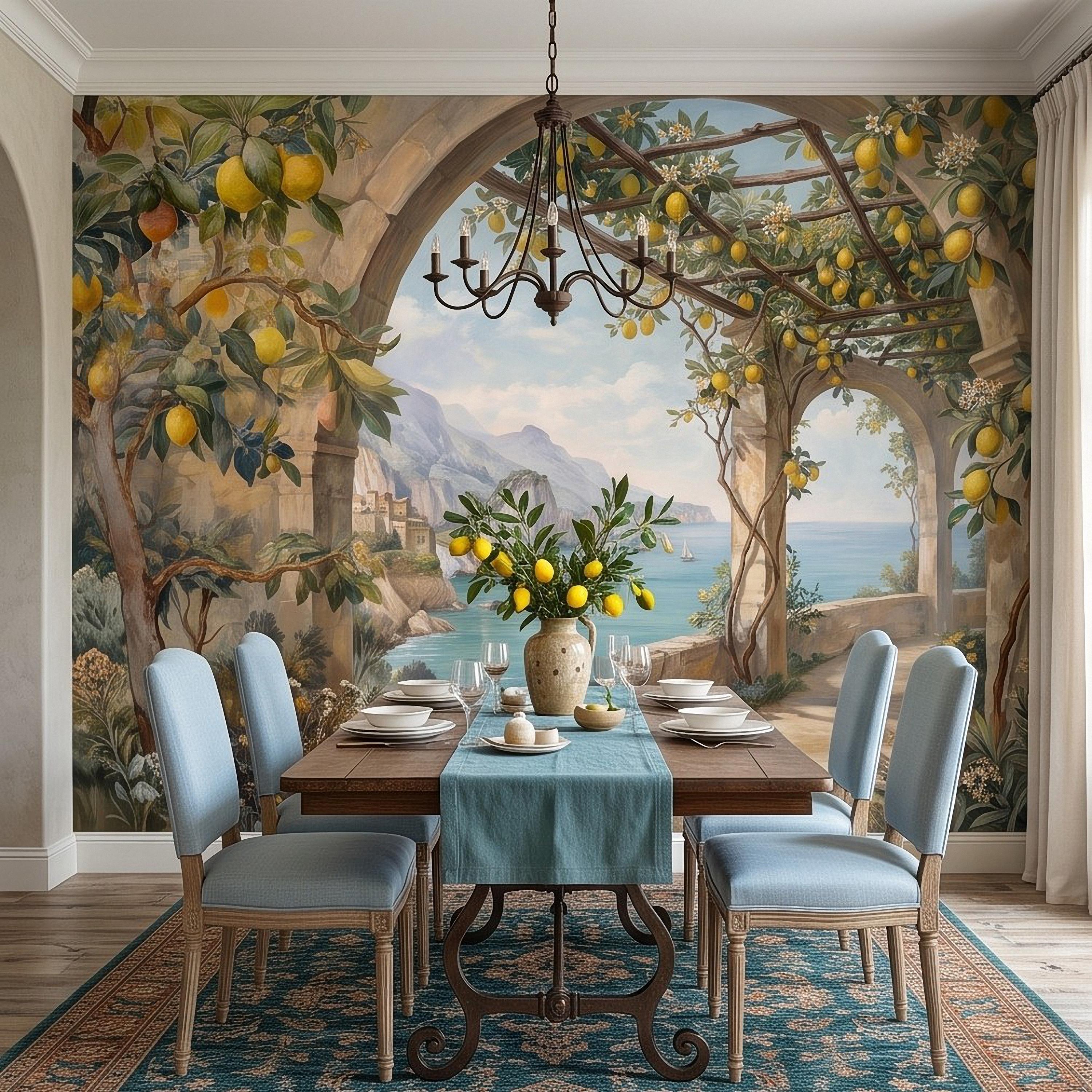 Italian Lemon Grove Peel and Stick Wall Mural, Amalfi Coast Mediterranean Sea Garden Arches Vintage Coastal Landscape Painting Wallpaper