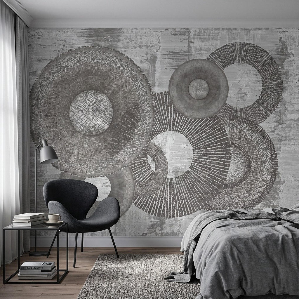 Abstract Geometric Circles Peel and Stick Wall Mural, Textured Disc Shapes Distressed Minimalist Organic Modern Contemporary Art Wallpaper