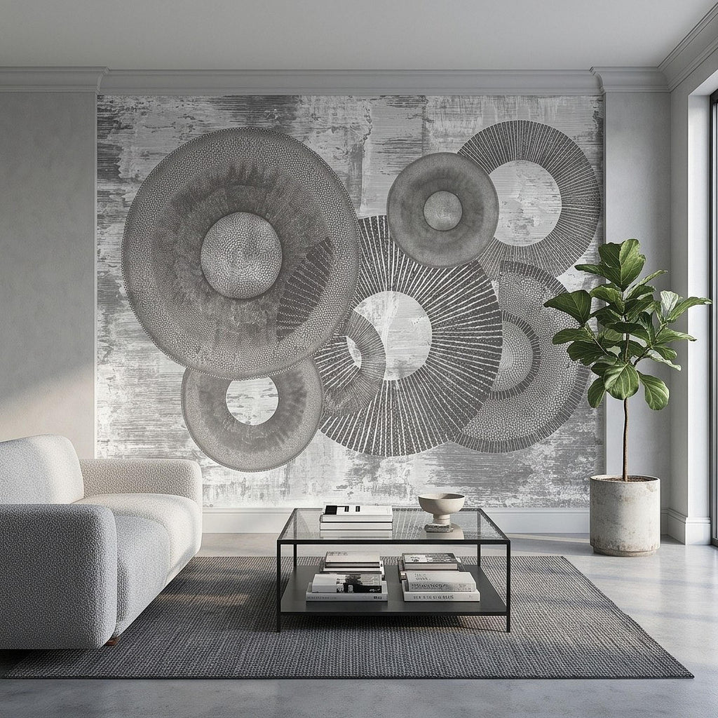 Abstract Geometric Circles Peel and Stick Wall Mural, Textured Disc Shapes Distressed Minimalist Organic Modern Contemporary Art Wallpaper