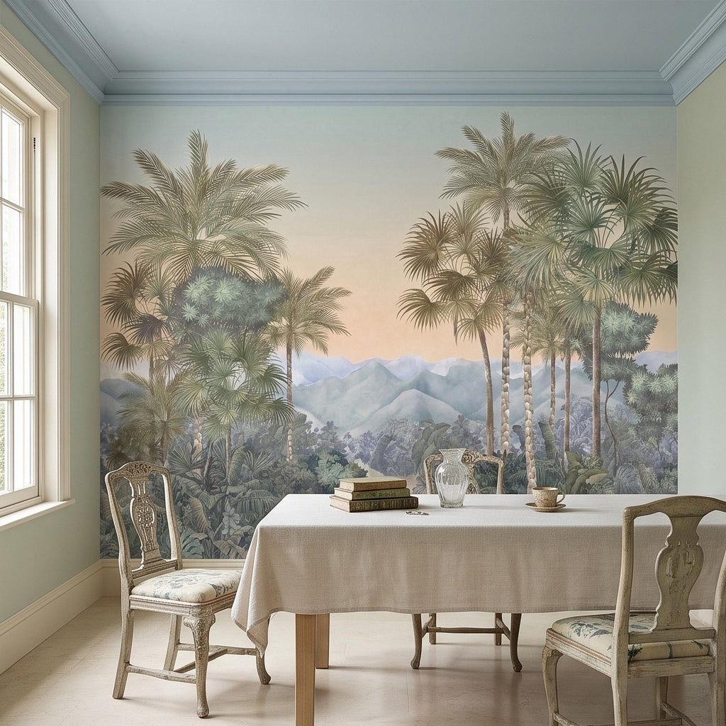 Tropical Palm Landscape Peel and Stick Wall Mural, Misty Jungle Mountains Botanical Scenic Nature Wallpaper