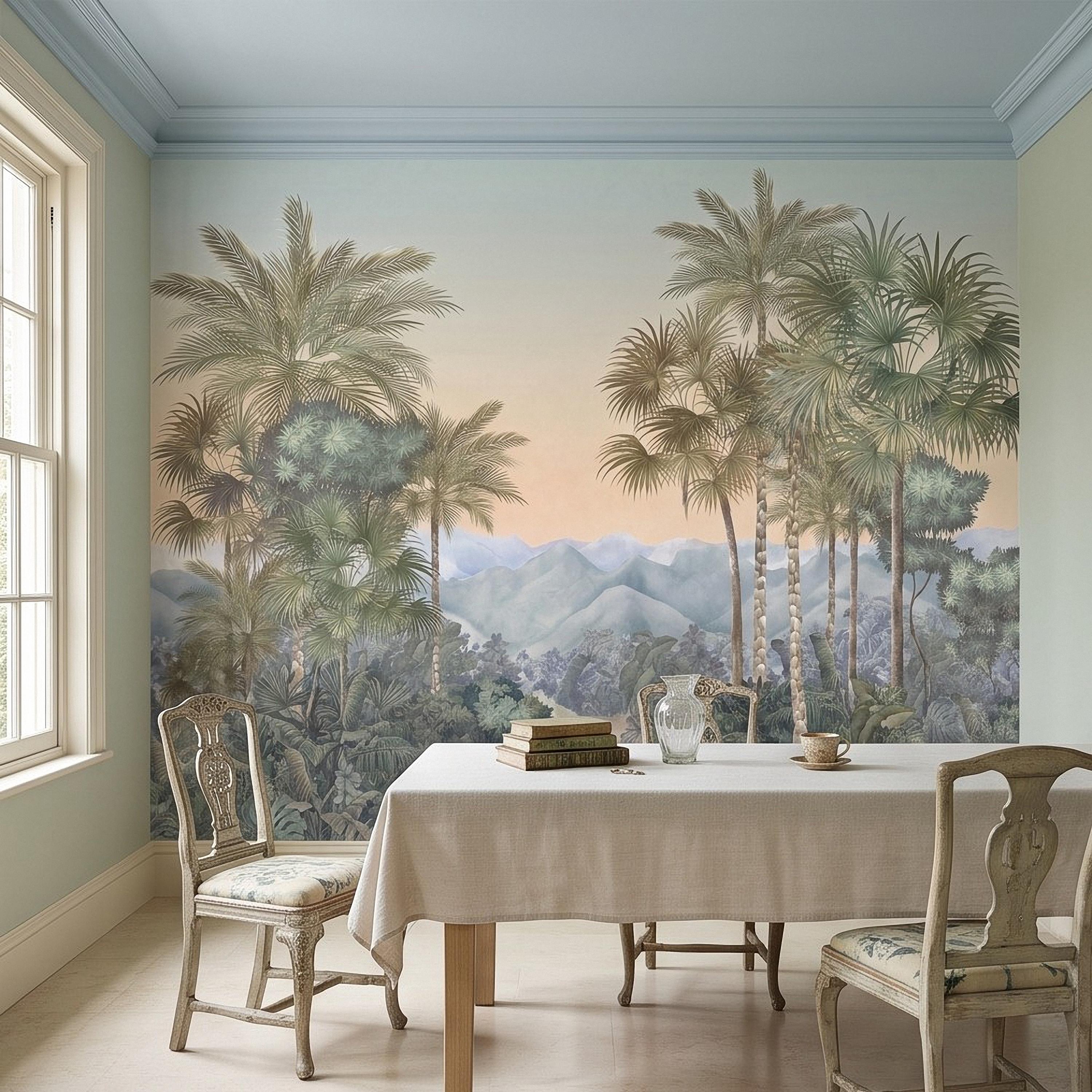 Tropical Palm Landscape Peel and Stick Wall Mural, Misty Jungle Mountains Botanical Scenic Nature Wallpaper