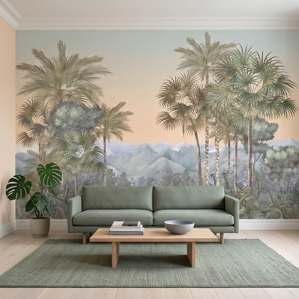 Tropical Palm Landscape Peel and Stick Wall Mural, Misty Jungle Mountains Botanical Scenic Nature Wallpaper