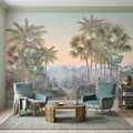 Tropical Palm Landscape Peel and Stick Wall Mural, Misty Jungle Mountains Botanical Scenic Nature Wallpaper