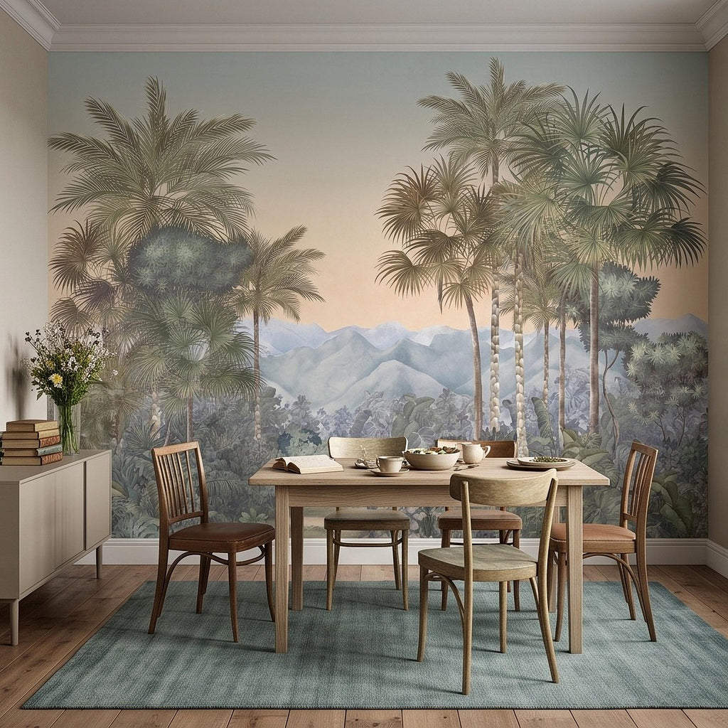 Tropical Palm Landscape Peel and Stick Wall Mural, Misty Jungle Mountains Botanical Scenic Nature Wallpaper