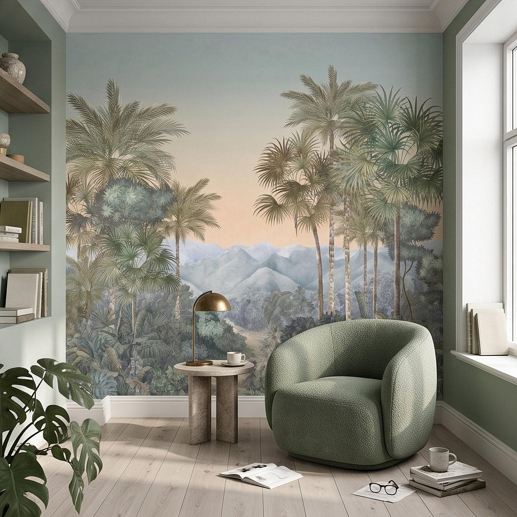 Tropical Palm Landscape Peel and Stick Wall Mural, Misty Jungle Mountains Botanical Scenic Nature Wallpaper