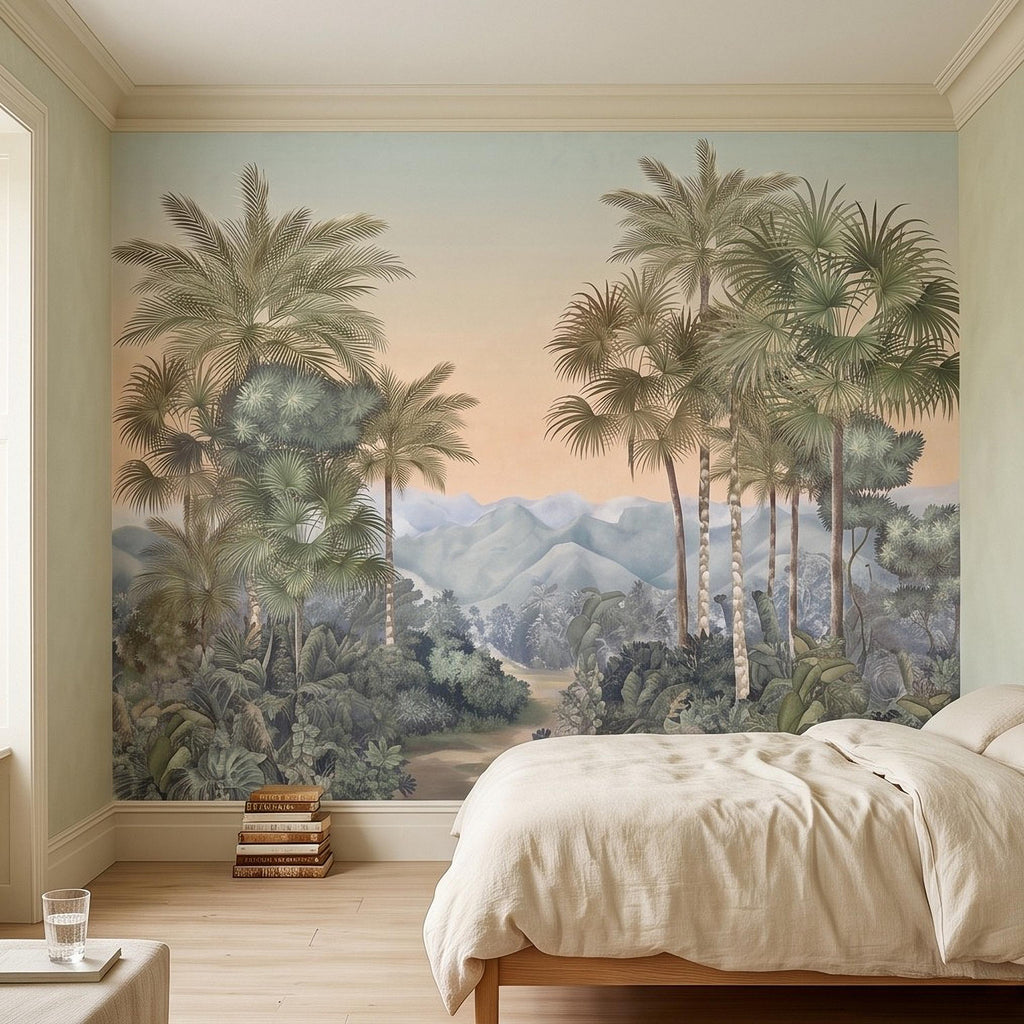 Tropical Palm Landscape Peel and Stick Wall Mural, Misty Jungle Mountains Botanical Scenic Nature Wallpaper