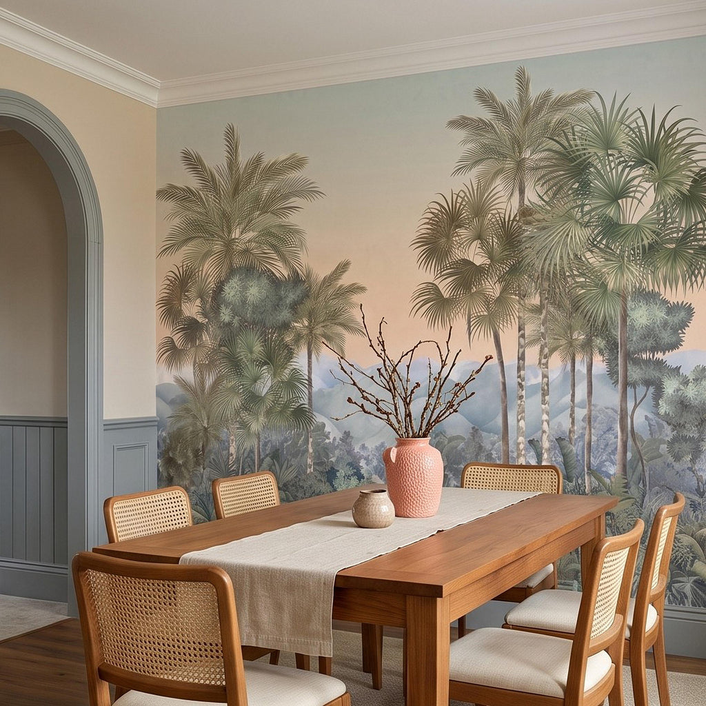 Tropical Palm Landscape Peel and Stick Wall Mural, Misty Jungle Mountains Botanical Scenic Nature Wallpaper