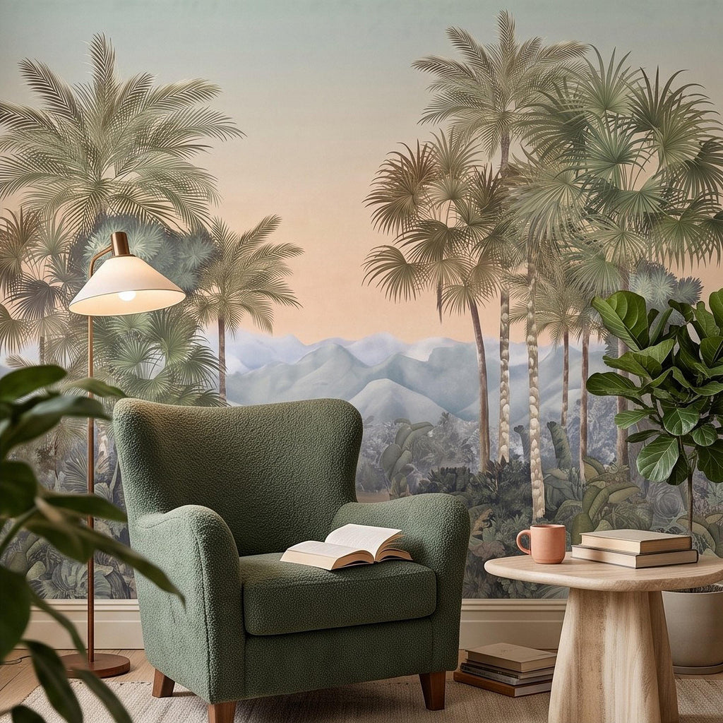 Tropical Palm Landscape Peel and Stick Wall Mural, Misty Jungle Mountains Botanical Scenic Nature Wallpaper