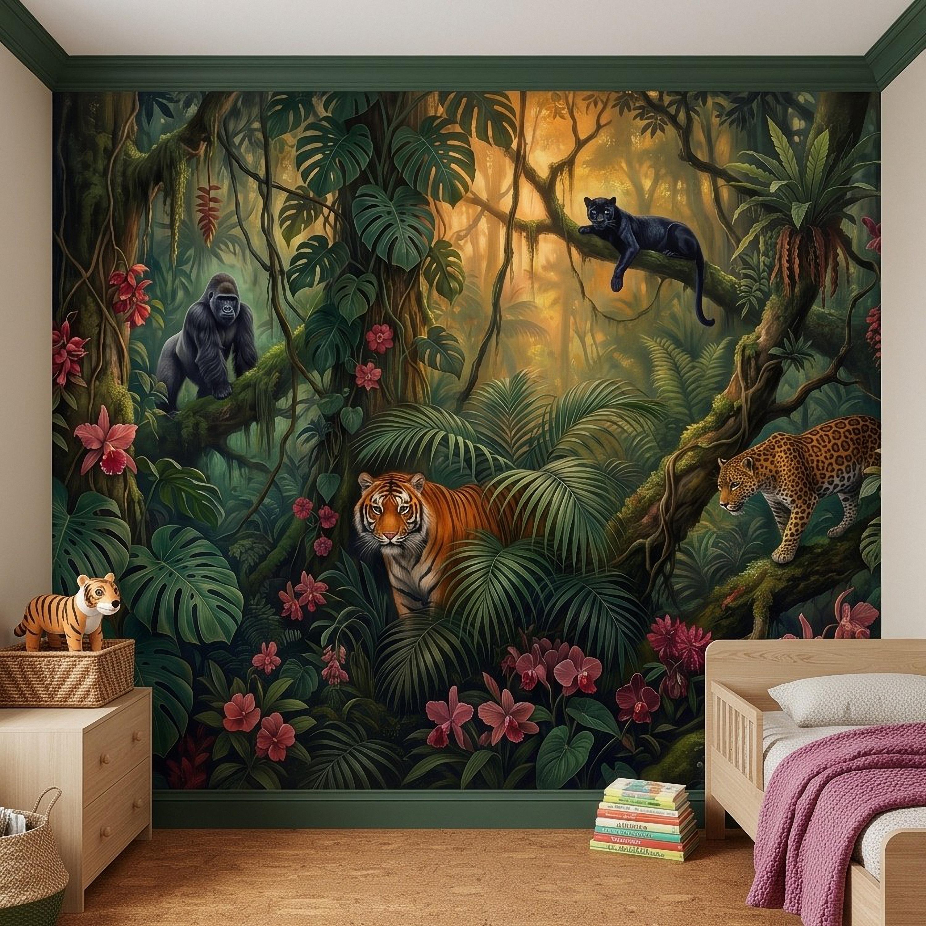 Tropical Jungle Peel and Stick Wall Mural, Rainforest Wildlife Botanical Adventure Exotic Animals Vintage Painting Kids Nursery Wallpaper