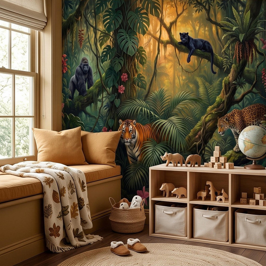 Tropical Jungle Peel and Stick Wall Mural, Rainforest Wildlife Botanical Adventure Exotic Animals Vintage Painting Kids Nursery Wallpaper