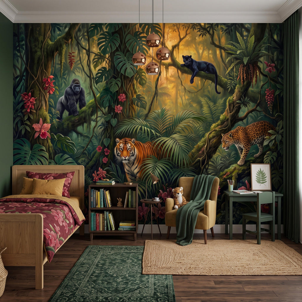 Tropical Jungle Peel and Stick Wall Mural, Rainforest Wildlife Botanical Adventure Exotic Animals Vintage Painting Kids Nursery Wallpaper
