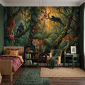 Tropical Jungle Peel and Stick Wall Mural, Rainforest Wildlife Botanical Adventure Exotic Animals Vintage Painting Kids Nursery Wallpaper