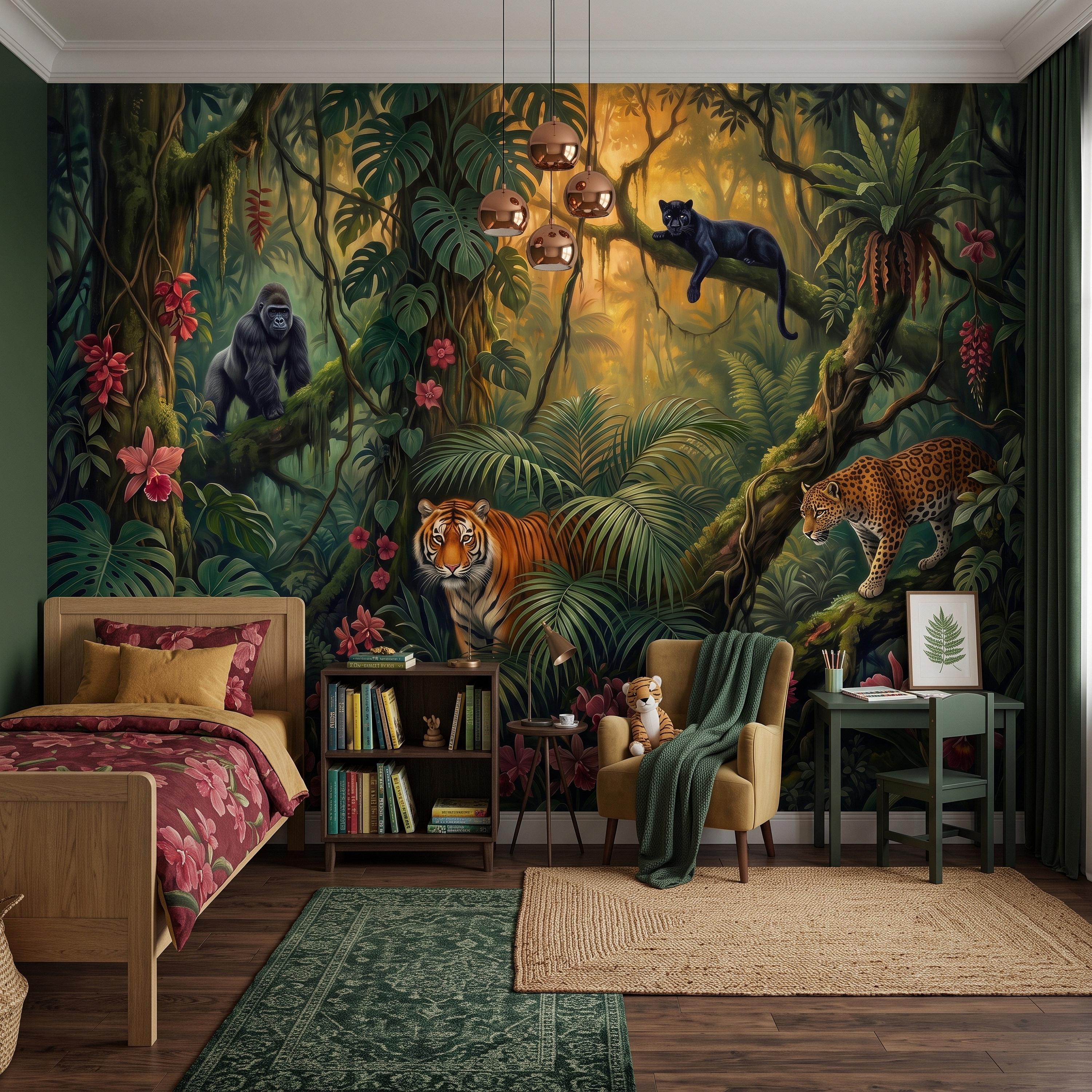 Tropical Jungle Peel and Stick Wall Mural, Rainforest Wildlife Botanical Adventure Exotic Animals Vintage Painting Kids Nursery Wallpaper