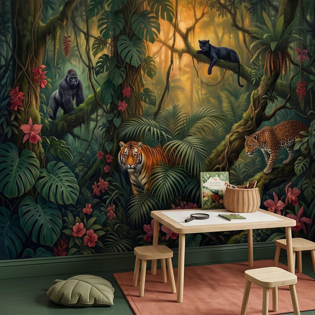 Tropical Jungle Peel and Stick Wall Mural, Rainforest Wildlife Botanical Adventure Exotic Animals Vintage Painting Kids Nursery Wallpaper
