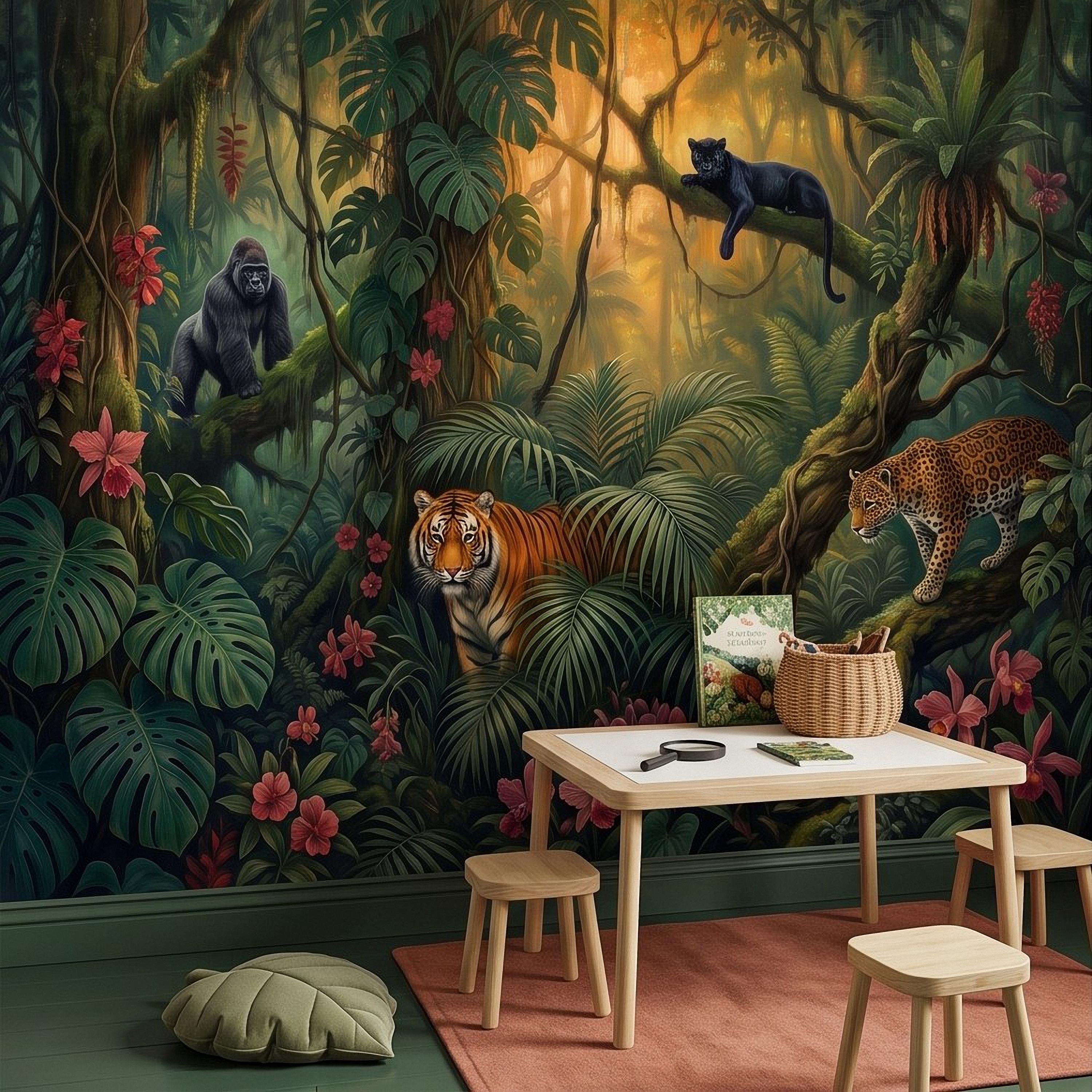 Tropical Jungle Peel and Stick Wall Mural, Rainforest Wildlife Botanical Adventure Exotic Animals Vintage Painting Kids Nursery Wallpaper