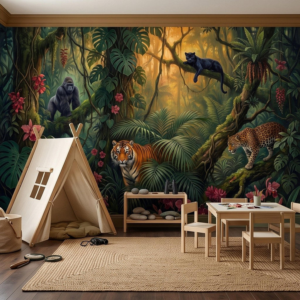Tropical Jungle Peel and Stick Wall Mural, Rainforest Wildlife Botanical Adventure Exotic Animals Vintage Painting Kids Nursery Wallpaper
