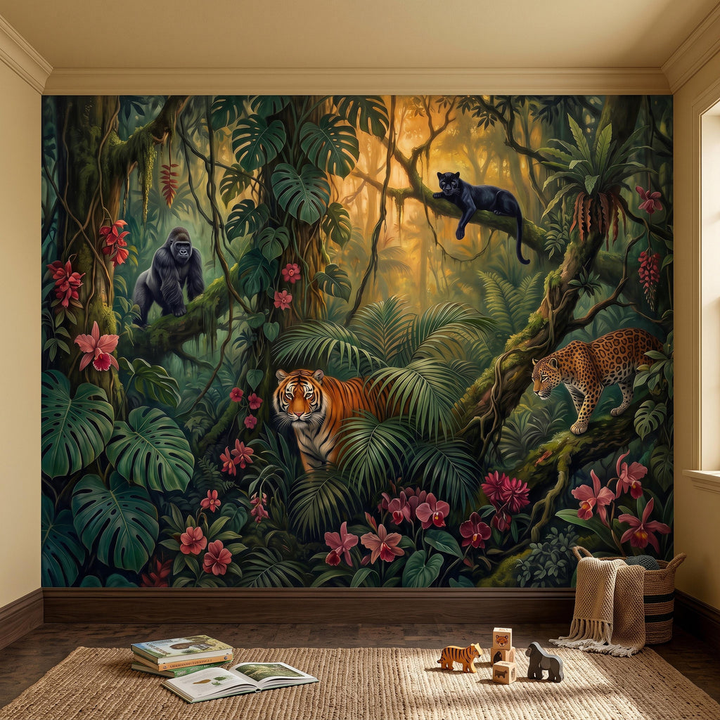 Tropical Jungle Peel and Stick Wall Mural, Rainforest Wildlife Botanical Adventure Exotic Animals Vintage Painting Kids Nursery Wallpaper