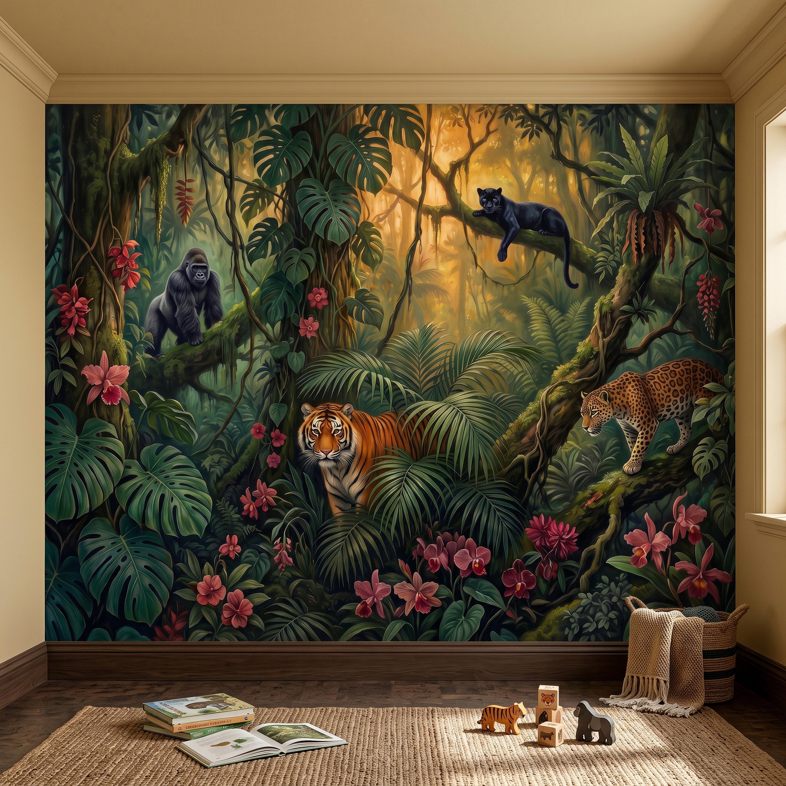 Tropical Jungle Peel and Stick Wall Mural, Rainforest Wildlife Botanical Adventure Exotic Animals Vintage Painting Kids Nursery Wallpaper