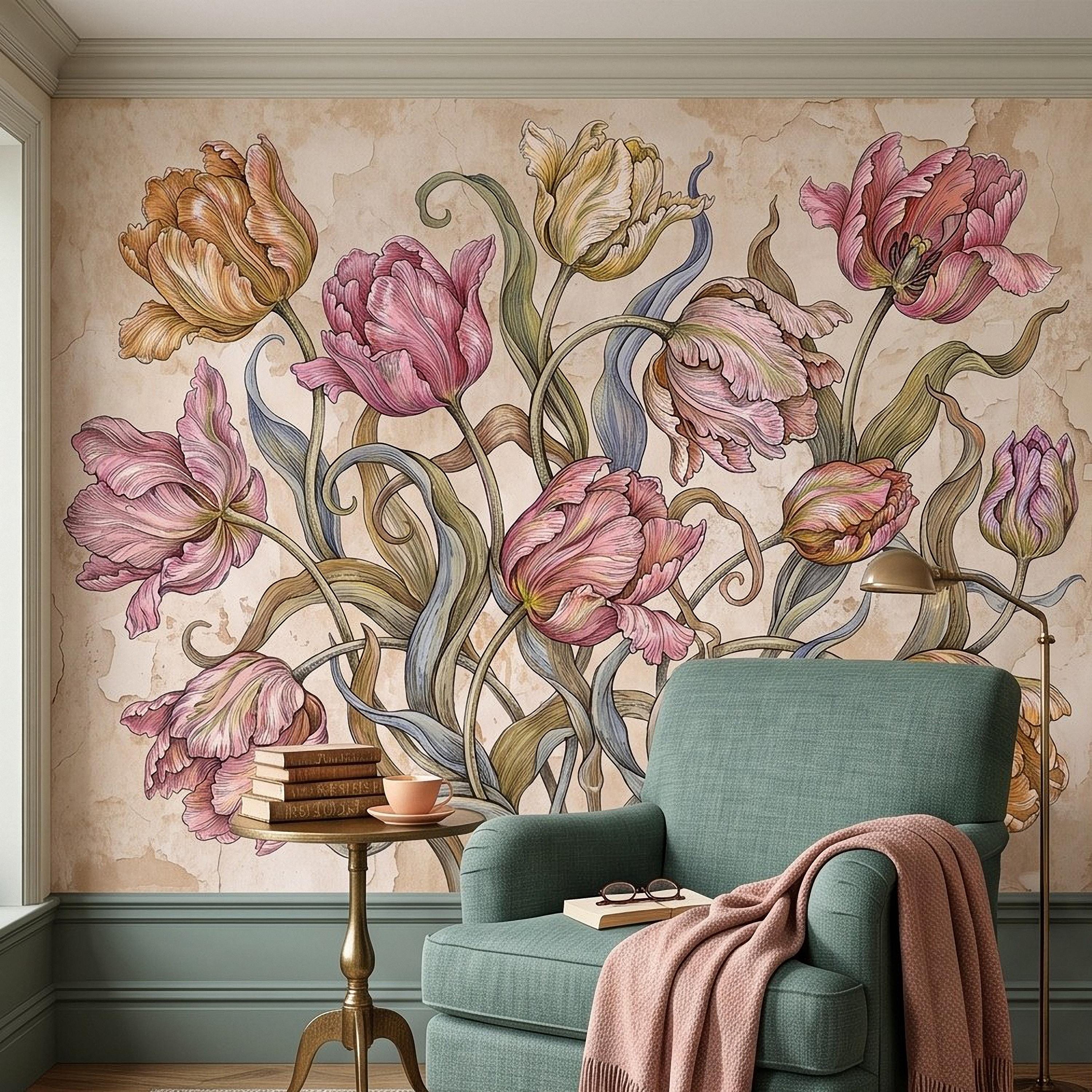 Vintage Parrot Tulip Peel and Stick Wall Mural, Antique Botanical Floral Hand Drawn Distressed Plaster Wallpaper