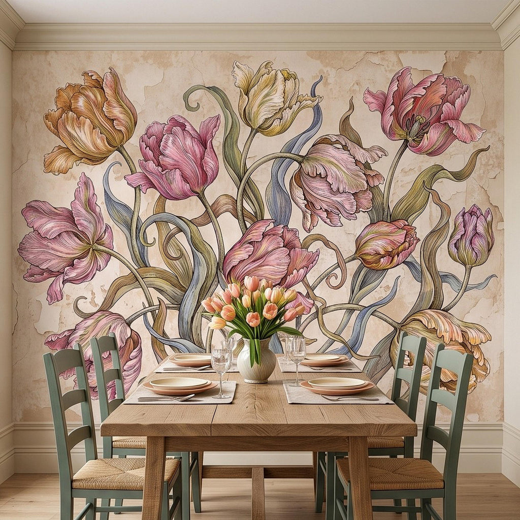Vintage Parrot Tulip Peel and Stick Wall Mural, Antique Botanical Floral Hand Drawn Distressed Plaster Wallpaper